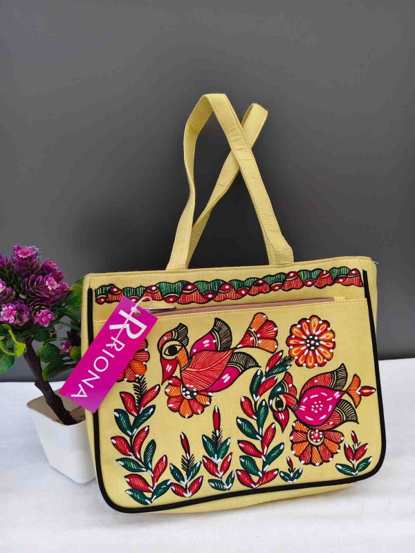 Handpainted Madhubani Double Chain Jute Handbag - Yellow