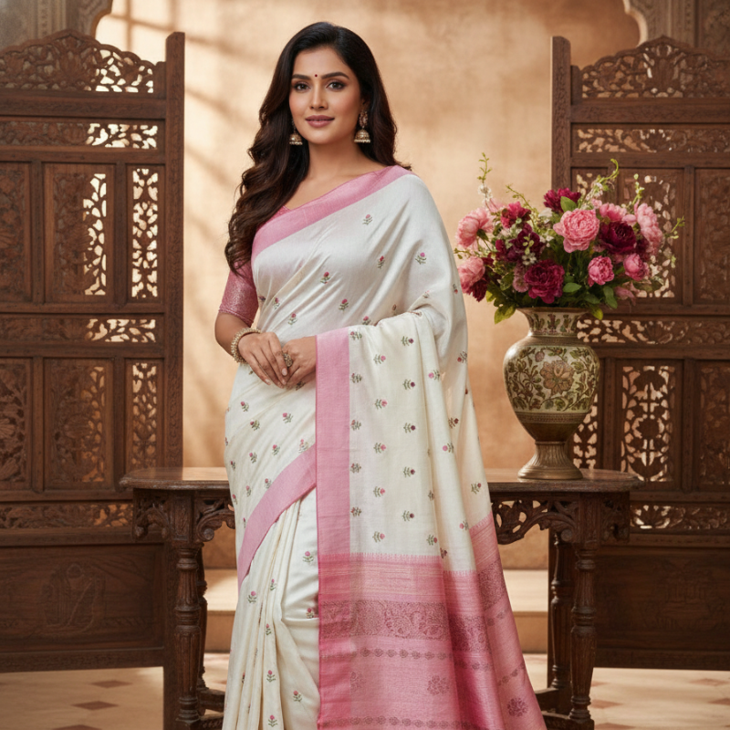 Hand stitched Matka Silk With Rose Design - Green