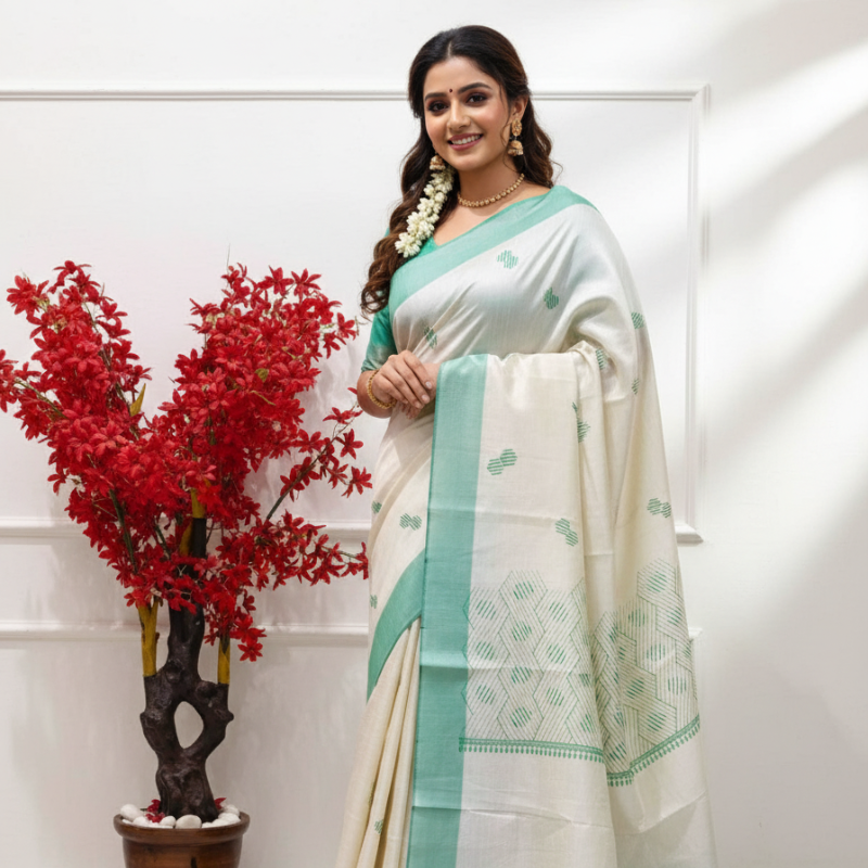 Hand stitched Matka Silk with Hexagon design – Green