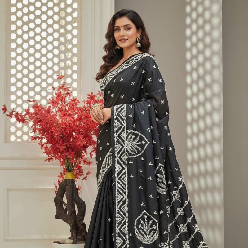 Bangalore Silk Kantha Saree - Deep Black