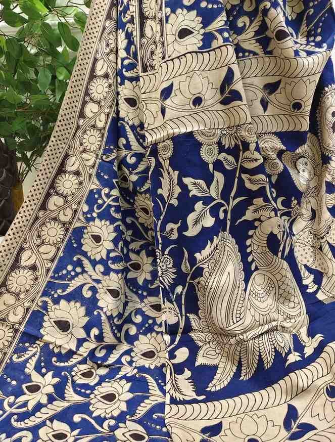 'Yavantika' Navy Blue canvas cotton Kalamkari Saree