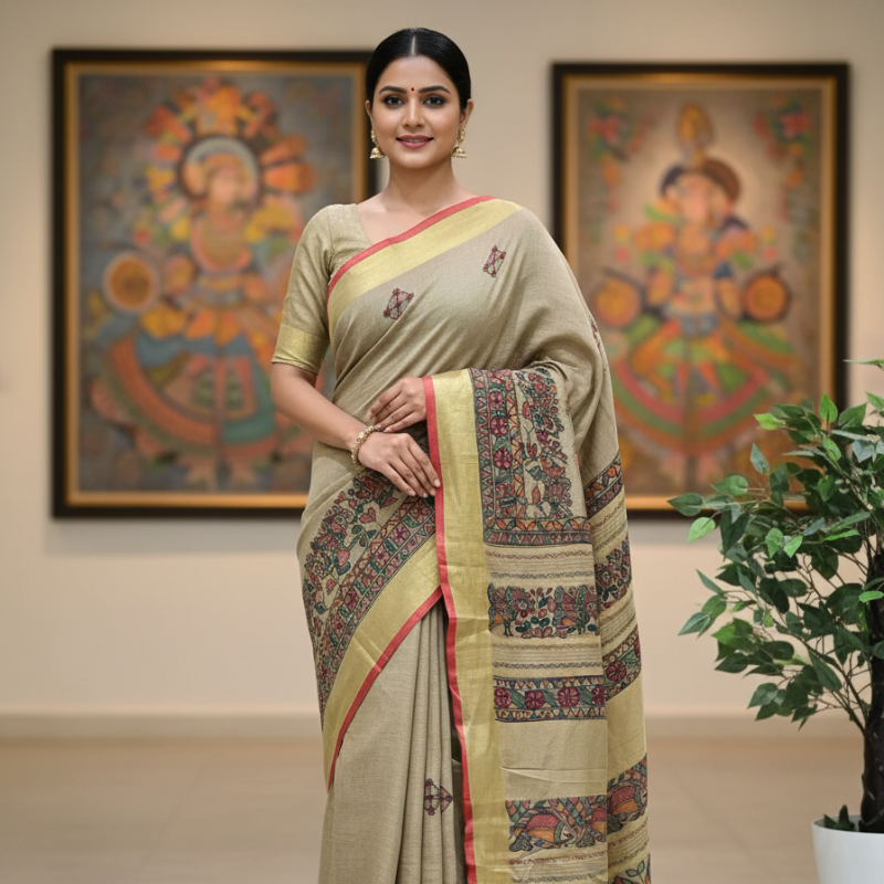 'JHASANAM ' Hand painted Madhubani Blend Saree