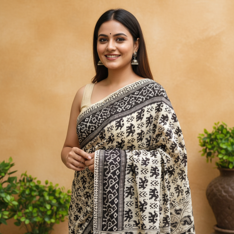 'Gajamudra' Black canvas with Elephant motifs cotton Kalamkari Saree