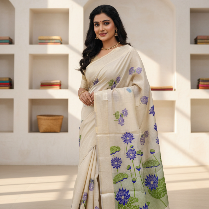 Blue Lily Grove Muga Jamdani Saree