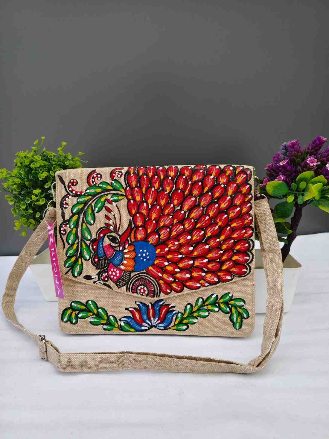 Handpainted Madhubani Jute V cut Sling Bag - Red Feather Design