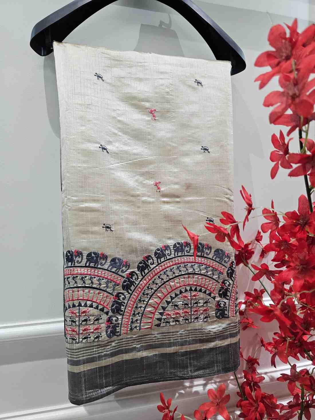 Hand Stitched Soft Tussar Silk with Black Border