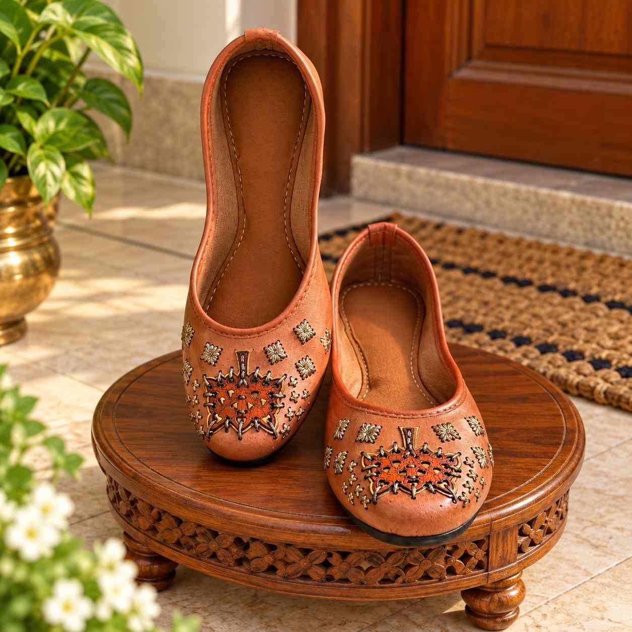Artisanal Crafted Leather-Finish Punjabi Juttis | Elegant Slip-On Flat Shoes with Hand-Embroidered Details for Ethnic & Daily Styling