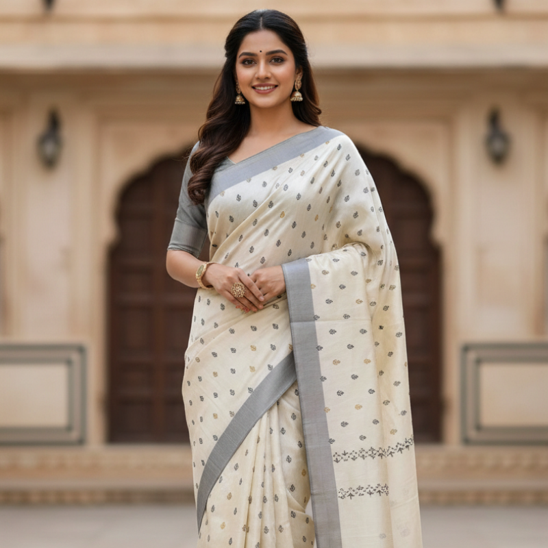 Hand stitched Matka Silk with Grey Border – Butta Design