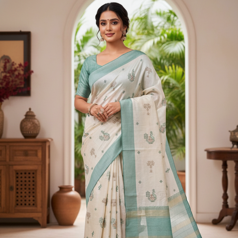 Hand stitched Matka Silk With Nakshi Design - Green