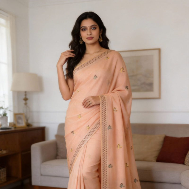 Floral Art Muga Jamdani Saree -  Peach