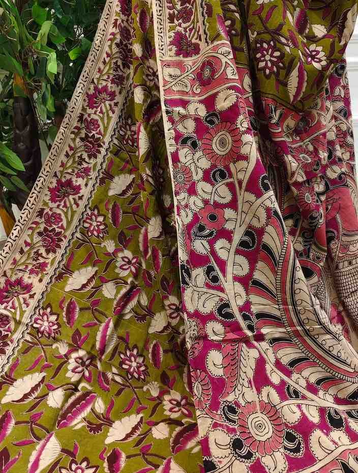'Kamalamala' Olive Green canvas cotton Kalamkari Saree