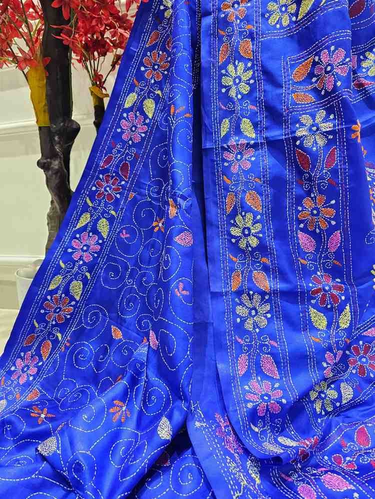 Bangalore pure silk Kantha Saree - Blue