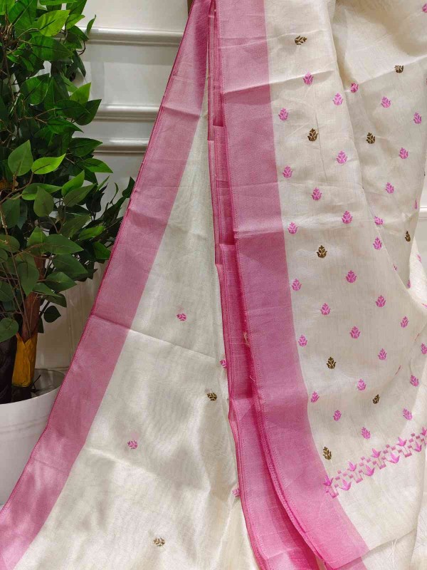 Hand stitched Matka Silk with Nakshi Butta Design- Pink, Green, Red