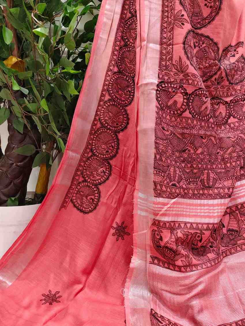 'MANORATH' Pink Handpainted Madhubani Blend Saree