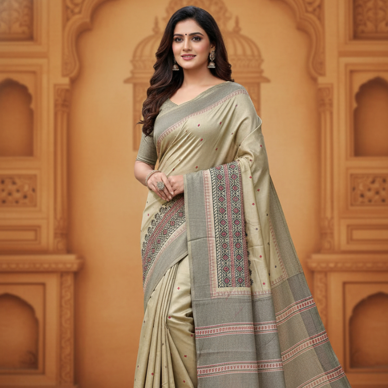 Riona Special Hand Stitched Assam Silk - Black Thread Border