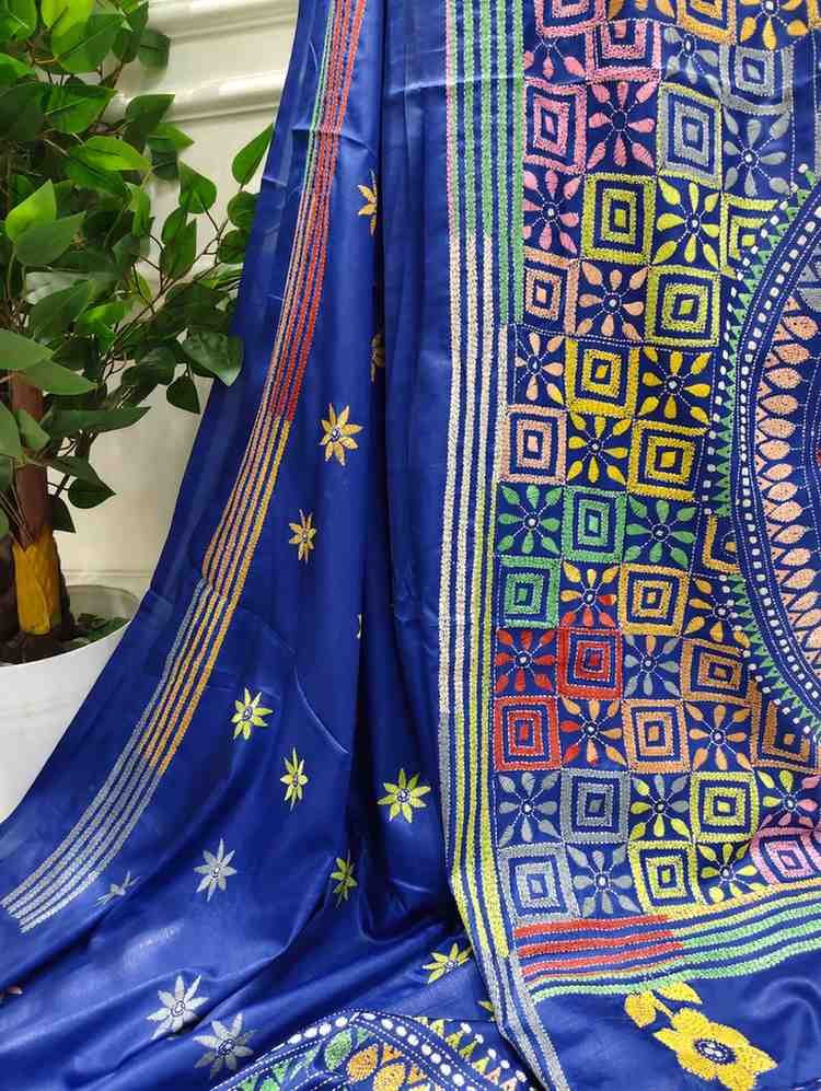 Royal Blue Glow Bangalore Silk Kantha Saree