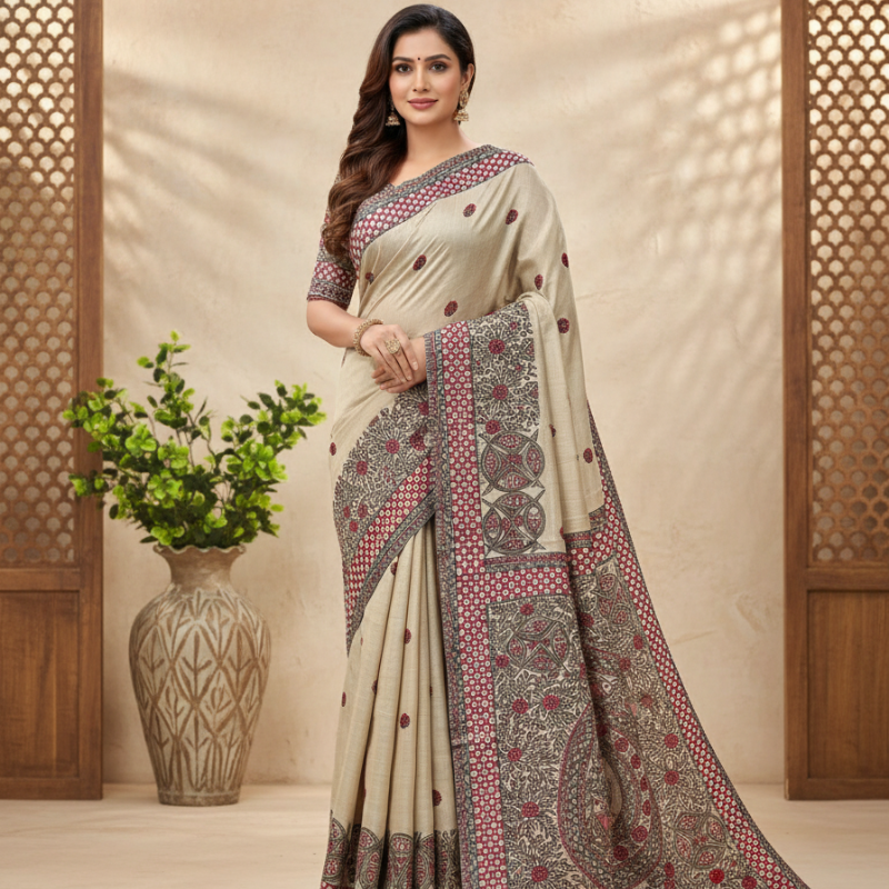 'MATSYA VIHAR' Hand painted Madhubani Pure Tussar Silk Saree