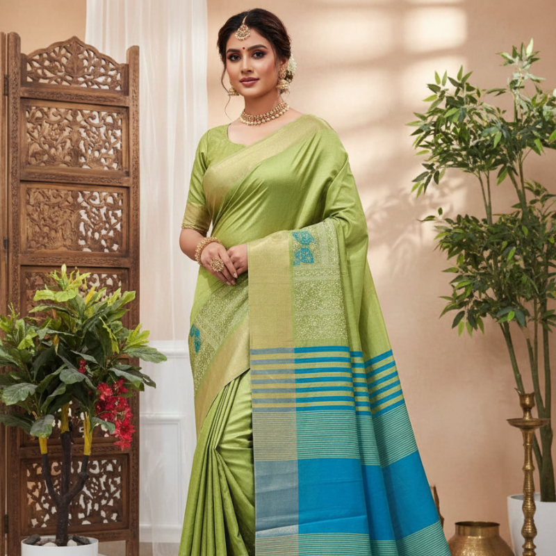 Hand Stitched Assam Silk - Lime Green