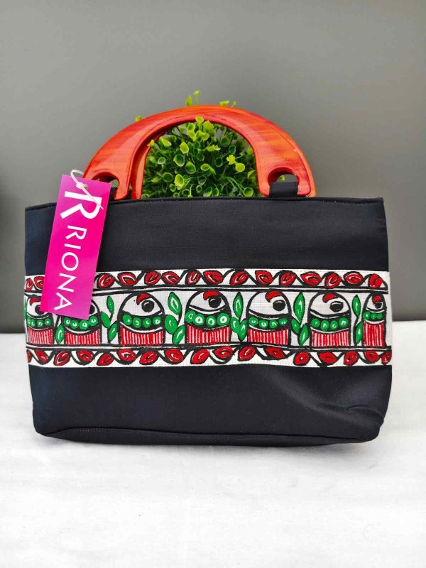 Handpainted Madhubani Silk Bag With Wooden handle -  Black