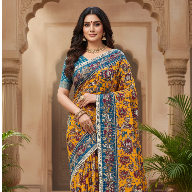 'Rajvihar' Yellow canvas with Animal motifs  Nellore Silk Kalamkari Saree