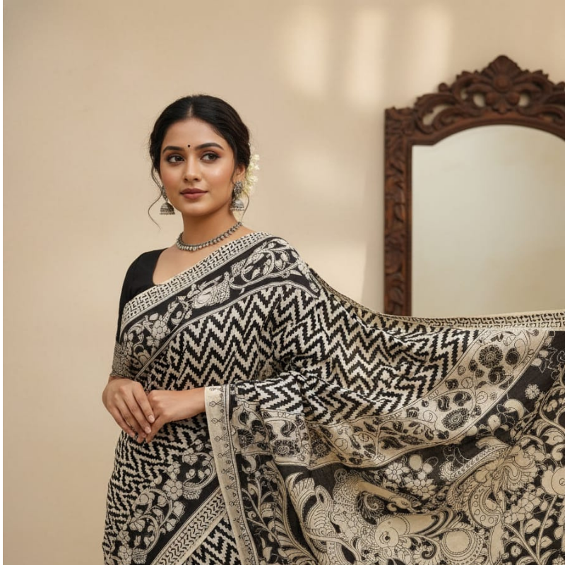 'Vakrarekha' Black canvas cotton Kalamkari Saree