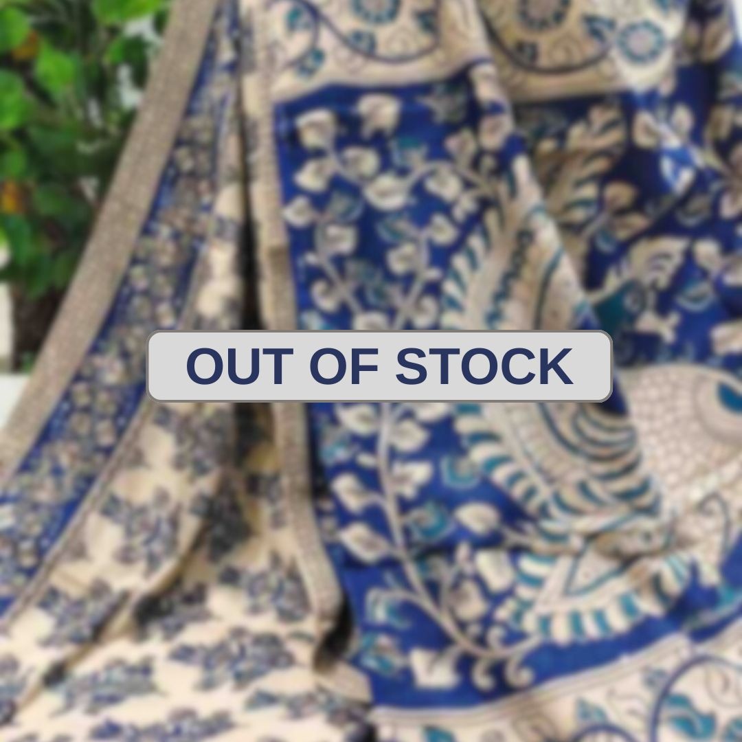 'Parnika' Off White base with Indigo-Blue Floral motifs cotton Kalamkari Saree