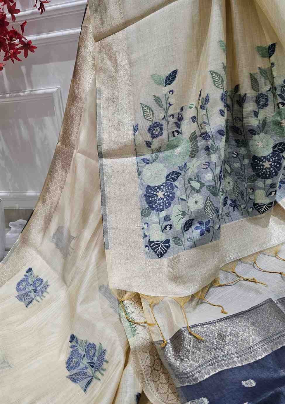 Off White Hue with Blue Floral Art Muga Jamdani Saree