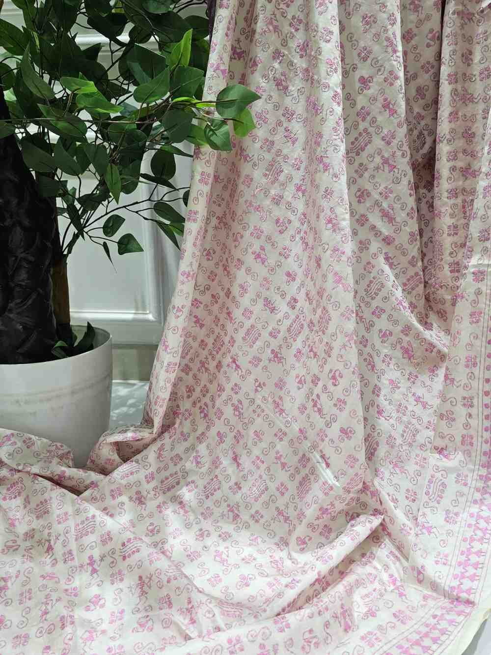 Bangalore Silk Blend Kantha Saree - White base Pink stitch