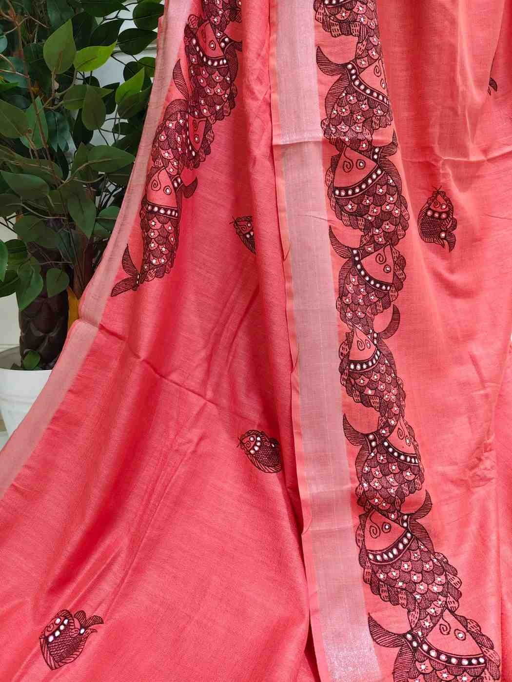 'Matsyakala' Peach Color Hand painted Madhubani Blend Saree