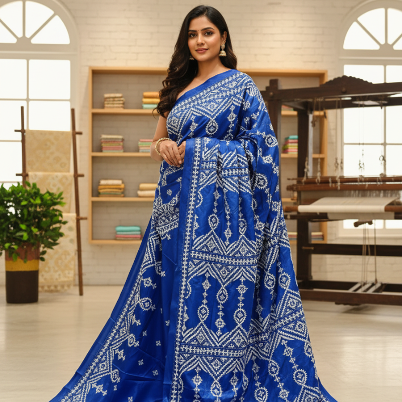 Color Pop on Blue Bangalore Silk Kantha Saree