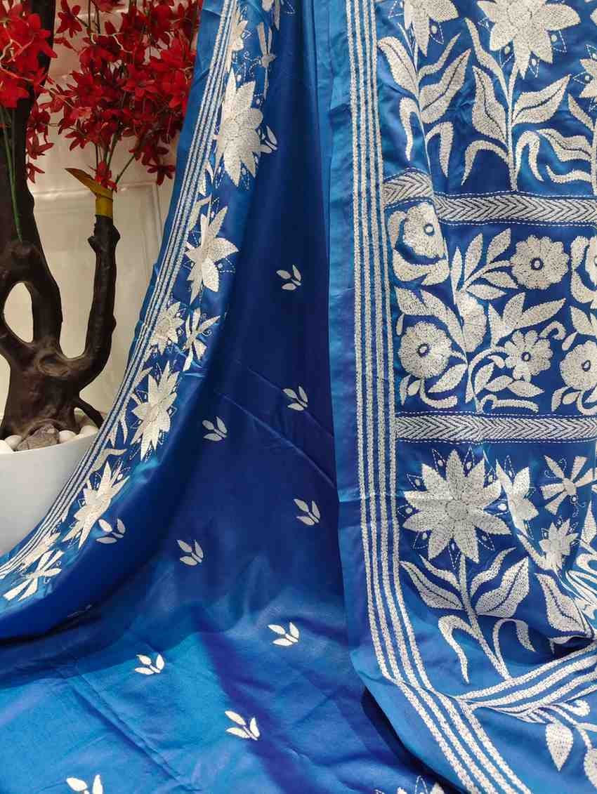 White Flora Bangalore Silk Kantha Saree