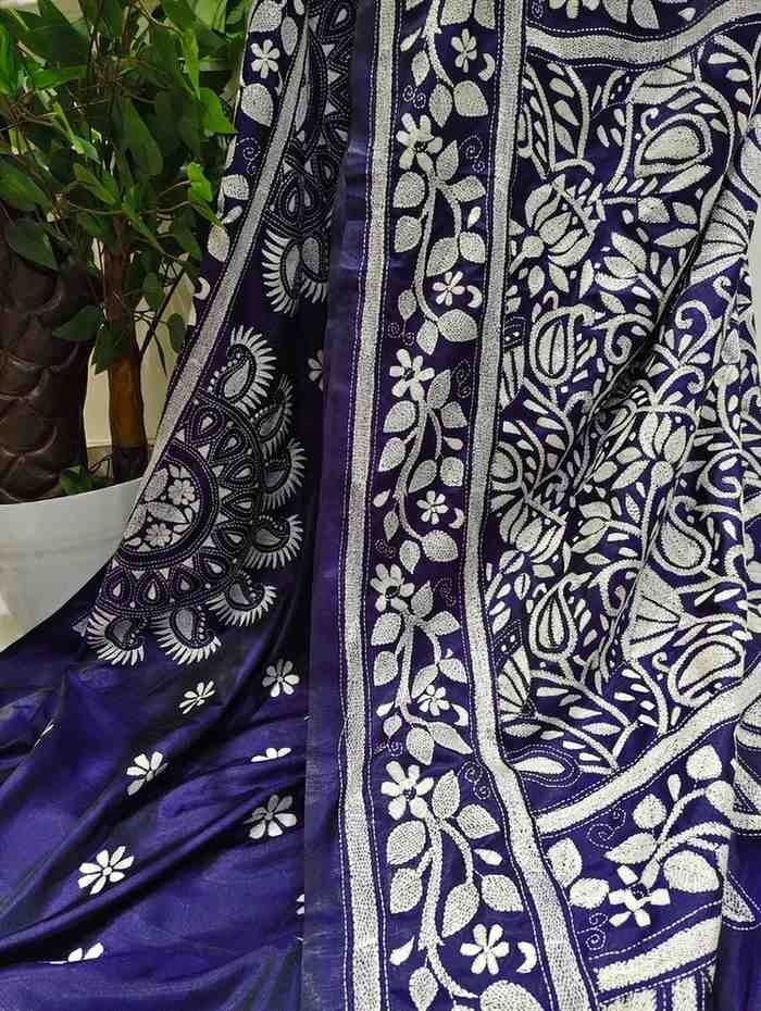 Bangalore Silk Kantha Saree - Dark Purple