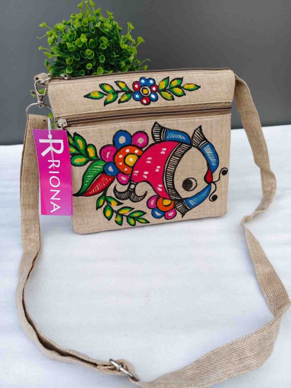 Handpainted Madhubani Jute Small Sling Bag - Fish Design