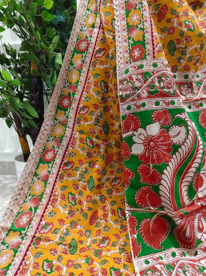 'Vasantika' Yellow canvas with Floral motifs cotton Kalamkari Saree
