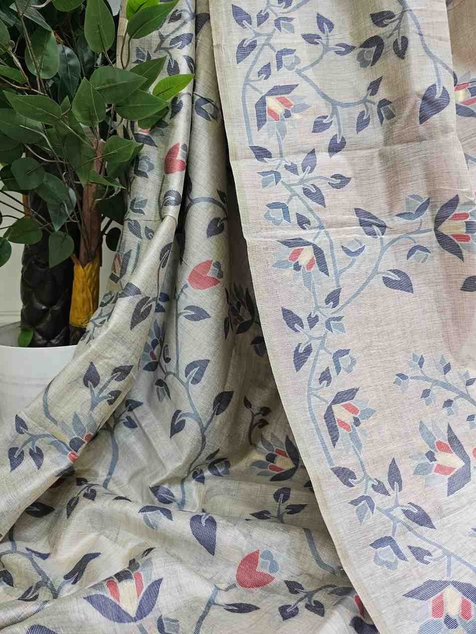 Floral Art Jamdani Saree - Blue Blossom