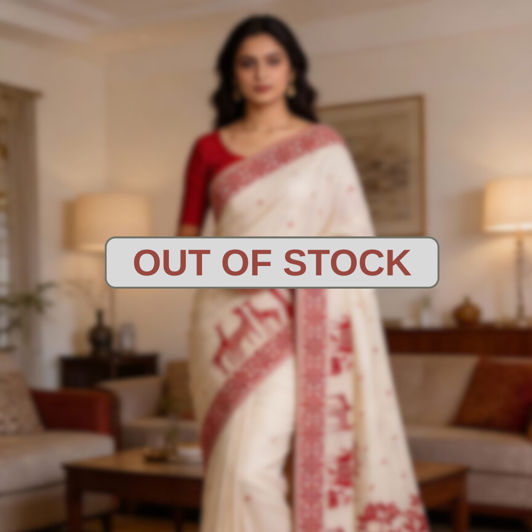 Off White Hue with Animal Motif Muga Jamdani Saree