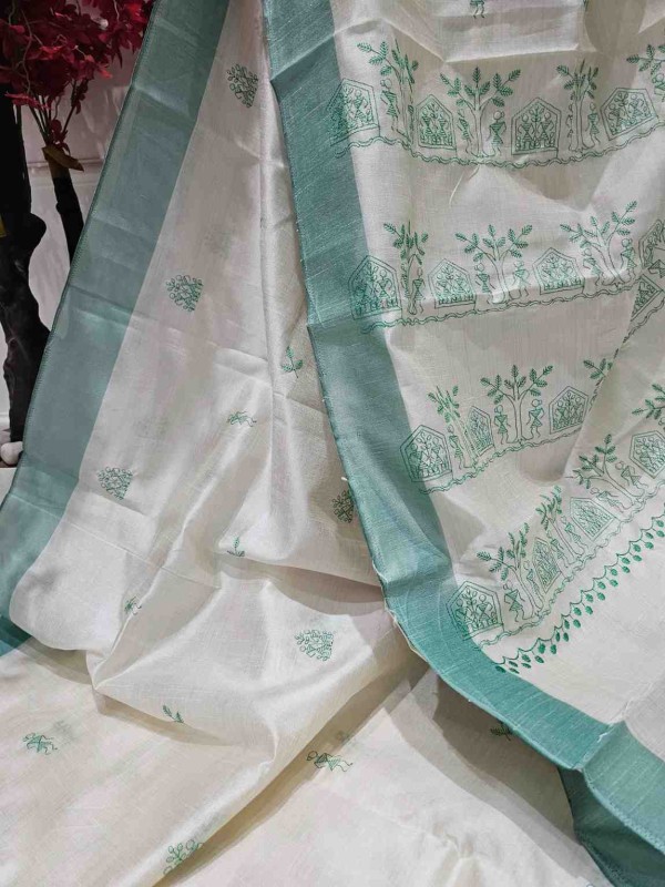 Hand stitched Matka Silk With Rural life Design  - Pink, Green, Red