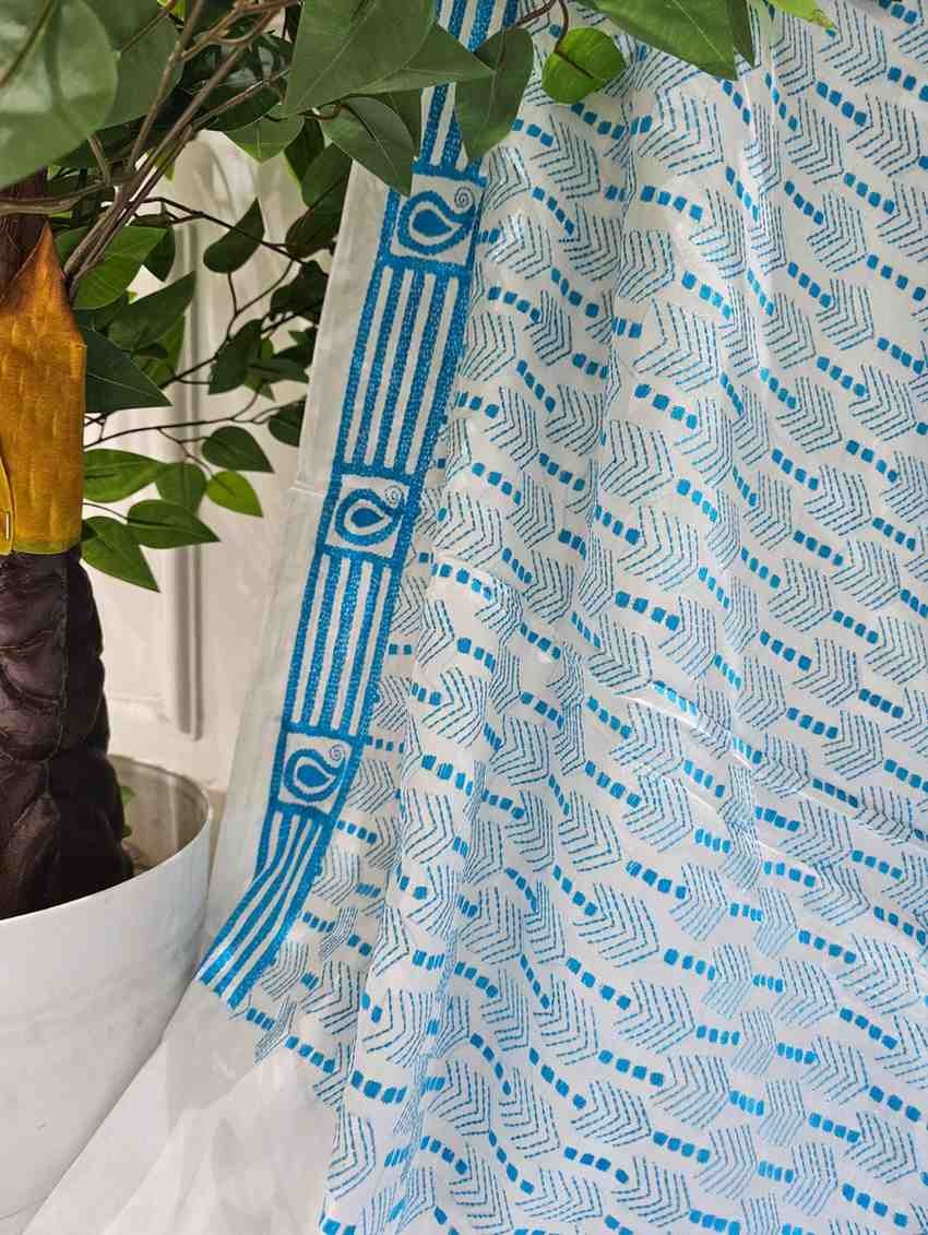 Bangalore Silk Blend Kantha Saree - White base Blue stitch