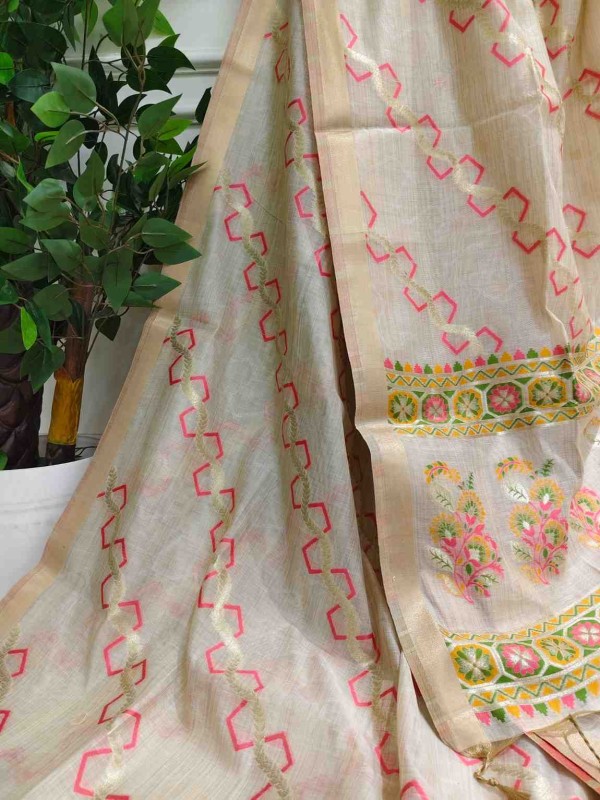 Chain Line Muga Jamdani Saree – Pink, Yellow