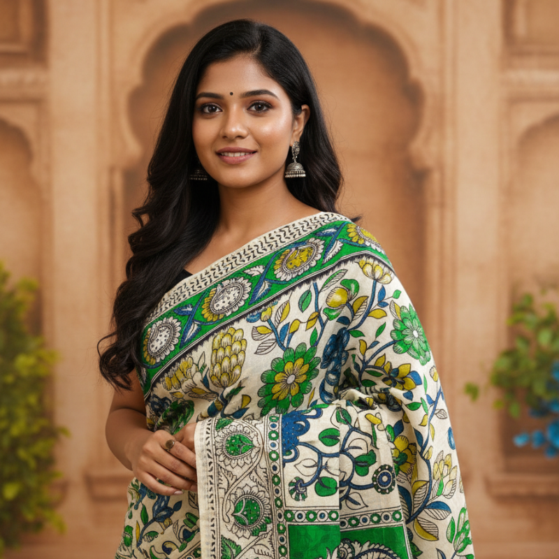 'Nilatarangini' Off White with Floral and Climber design cotton Kalamkari Saree