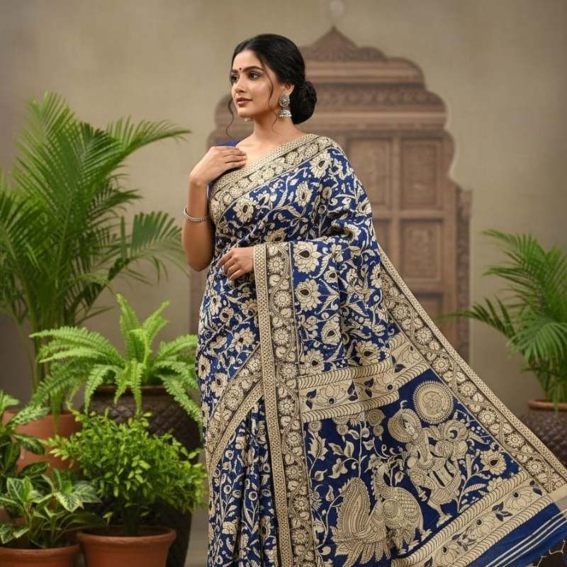 'Yavantika' Navy Blue canvas cotton Kalamkari Saree