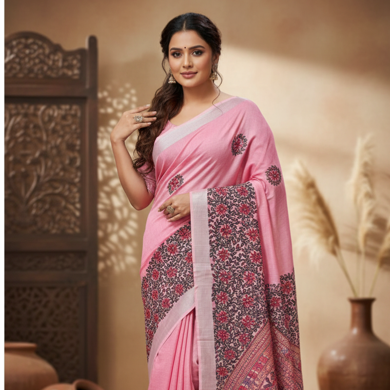 Floral Motifs Pink Hand painted Madhubani Blend Saree