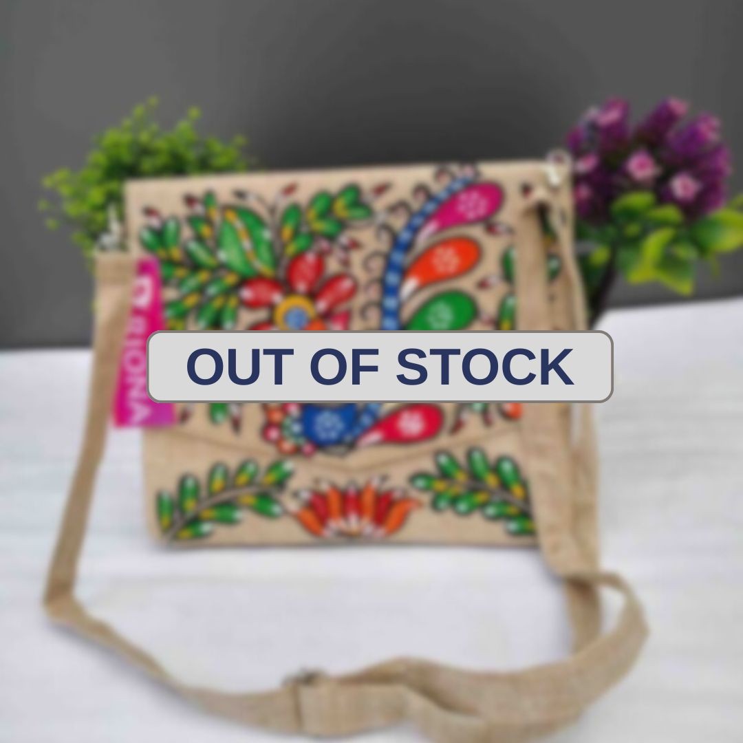 Handpainted Madhubani Jute V cut Sling Bag - Bird Design
