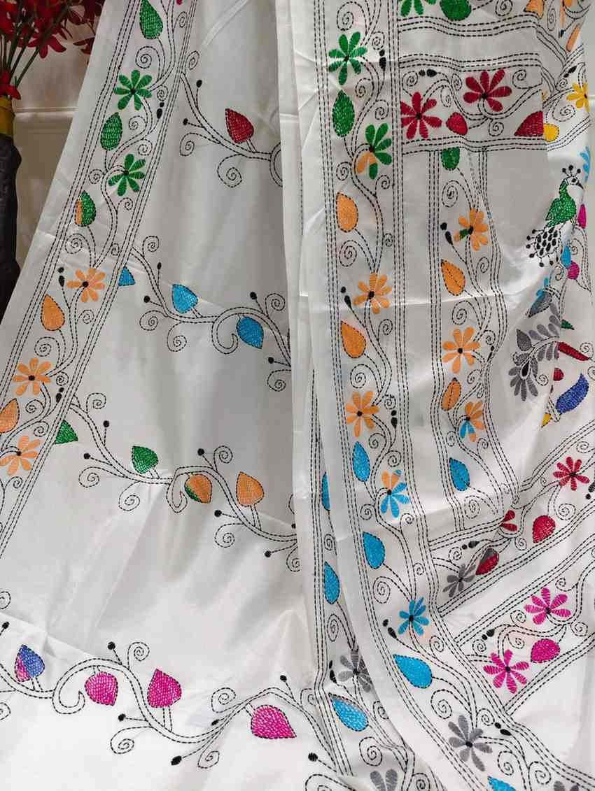 Bangalore Silk Blend Kantha Saree - White with Multicolor Design