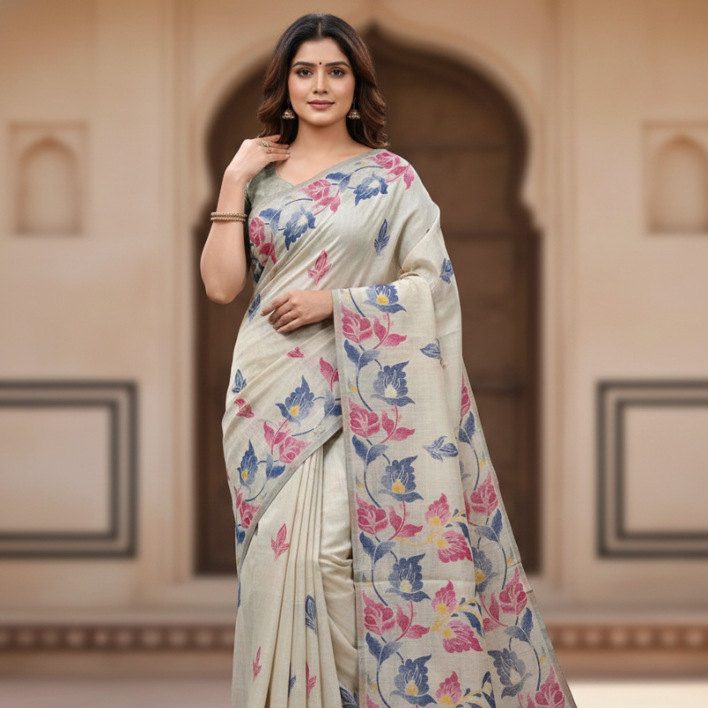 Red and Blue Mellow Petals Muga Jamdani Saree