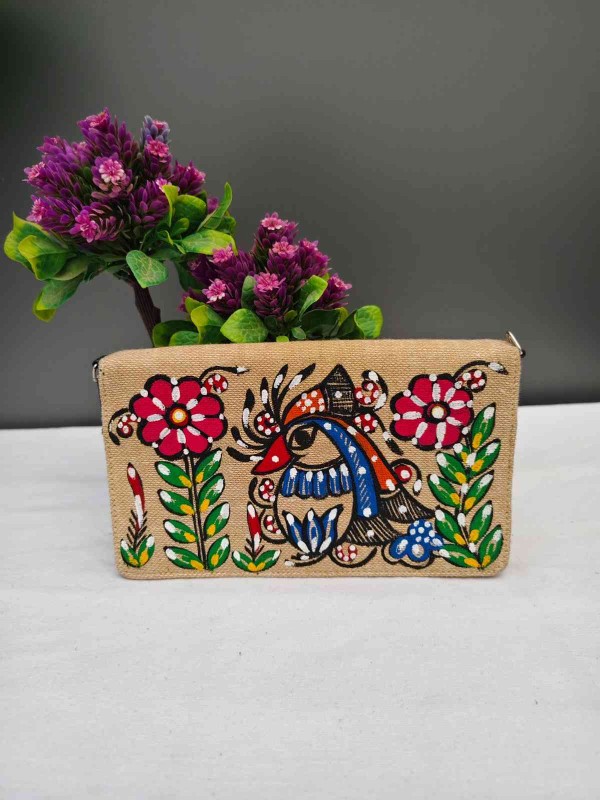 Handpainted Madhubani Jute Kaross Bag -Peacock Design