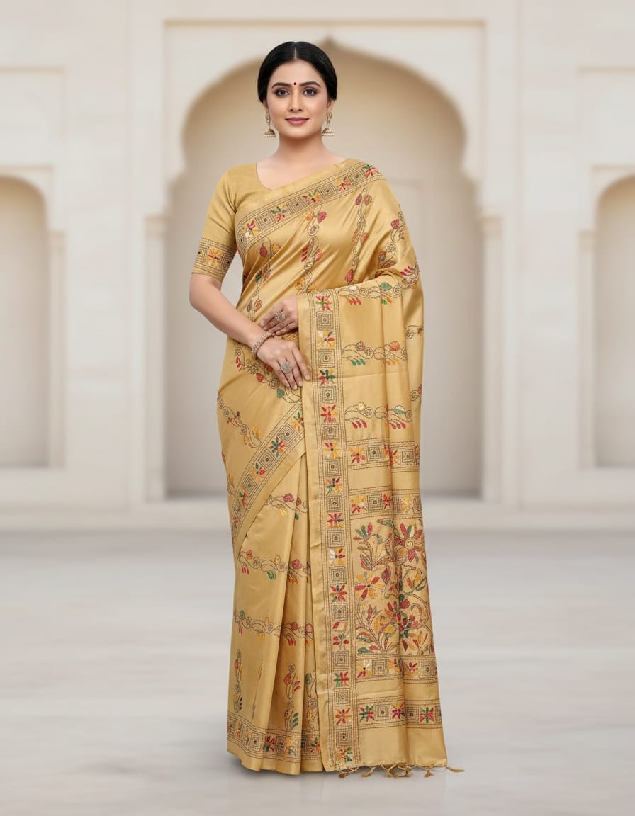 Bangalore Silk Blend Kantha Saree-  Buff With Multicolor Design