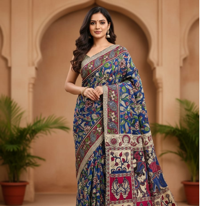 'Madhavilatika' Bold Blue canvas with Floral and Leaf motifs cotton Kalamkari Saree
