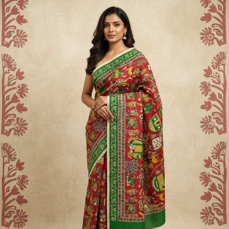 'Samudaya' Red canvas with Rural life design cotton Kalamkari Saree
