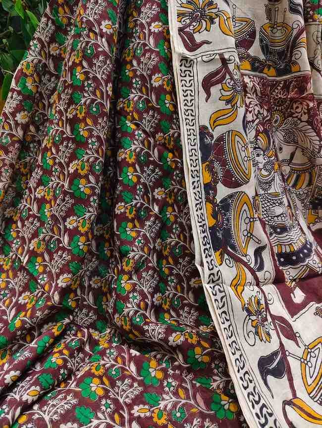 'Ketaki' Brown canvas with tiny Floral design cotton Kalamkari Saree
